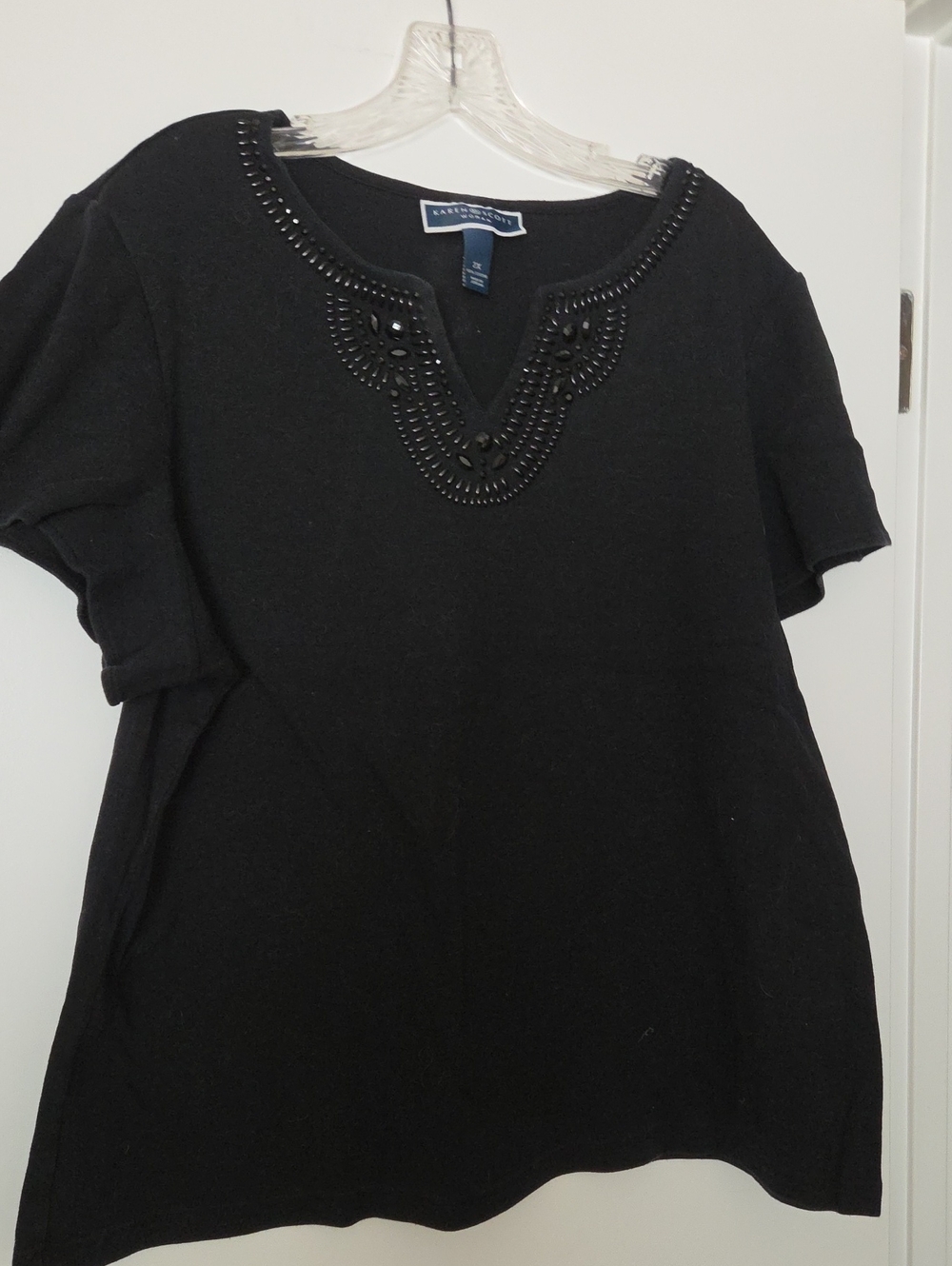 Karen Scott Black Short Sleeve Top with Beaded V-Neck